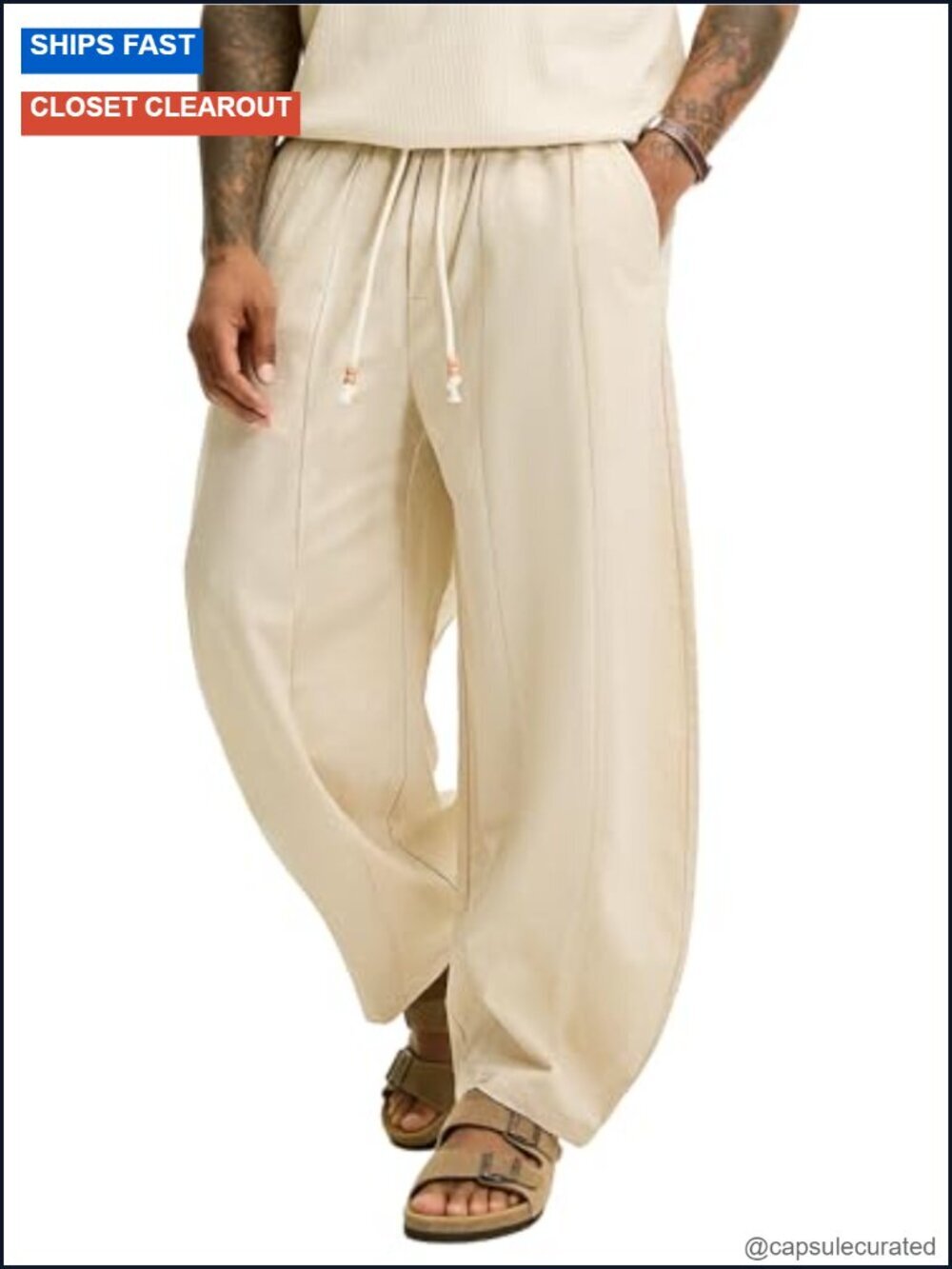 Baggy Cotton Linen Pleated Barrel Leg Pants Drawstring Summer Beach Casual
